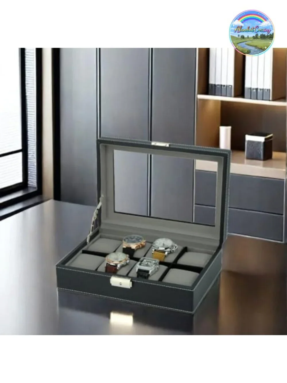 8 Slot Oversized Watch Display Case Glass Top Faux Suede Lining Lock & Key
